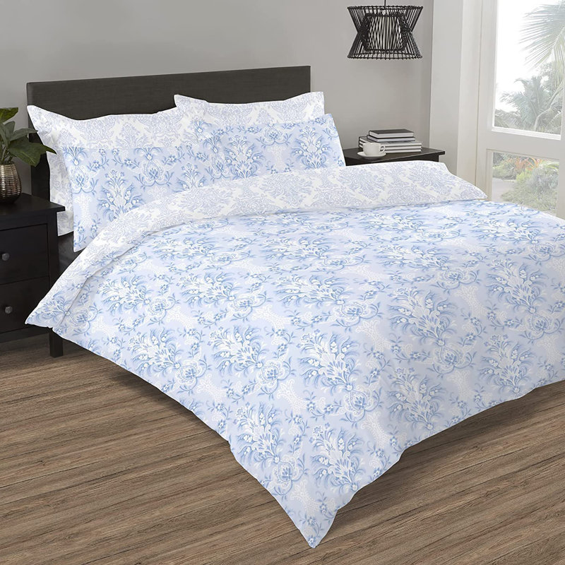 Damask Blue Cotton Rich Duvet Cover Set with Pillowcase